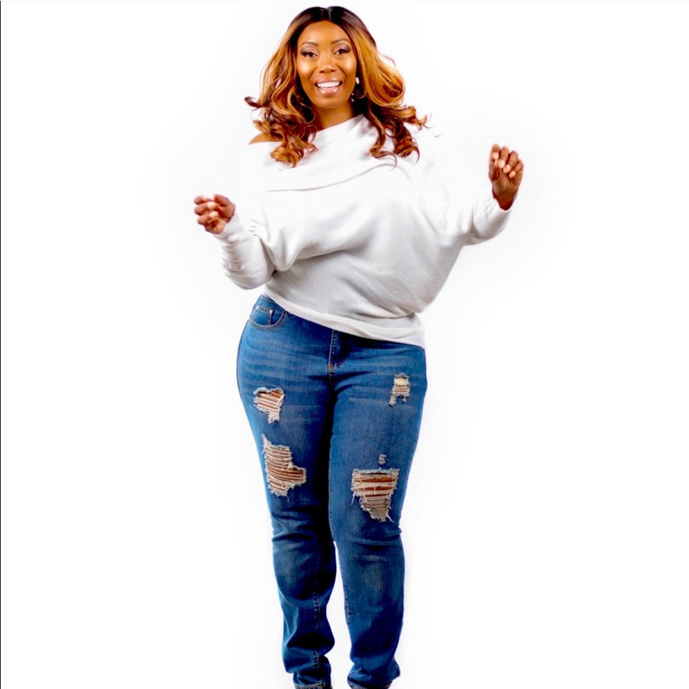 White off the shoulder sweater, gently worn.